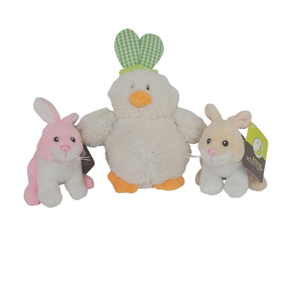 Animal Adventure Easter Plush Toy Set Of 3 1 Duck & 2 Bunnies White Pink Beiege